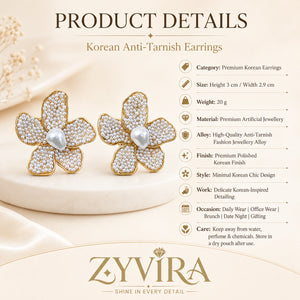 Product details card for gold pearl teardrop floral studs