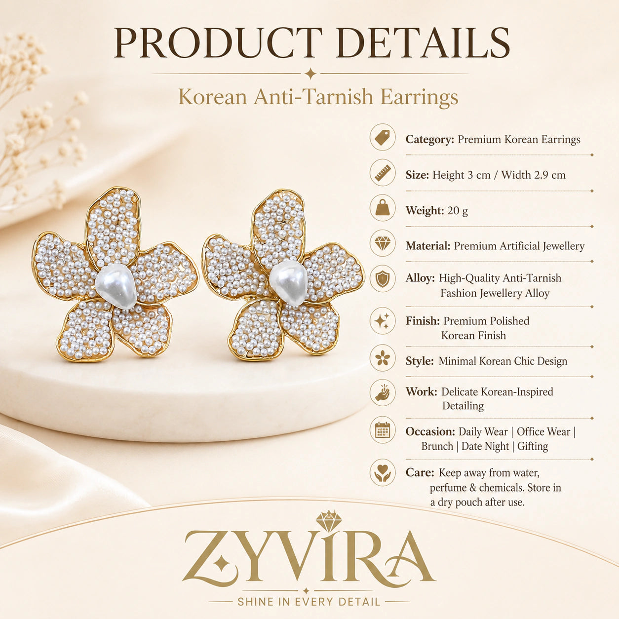 Product details card for gold pearl teardrop floral studs