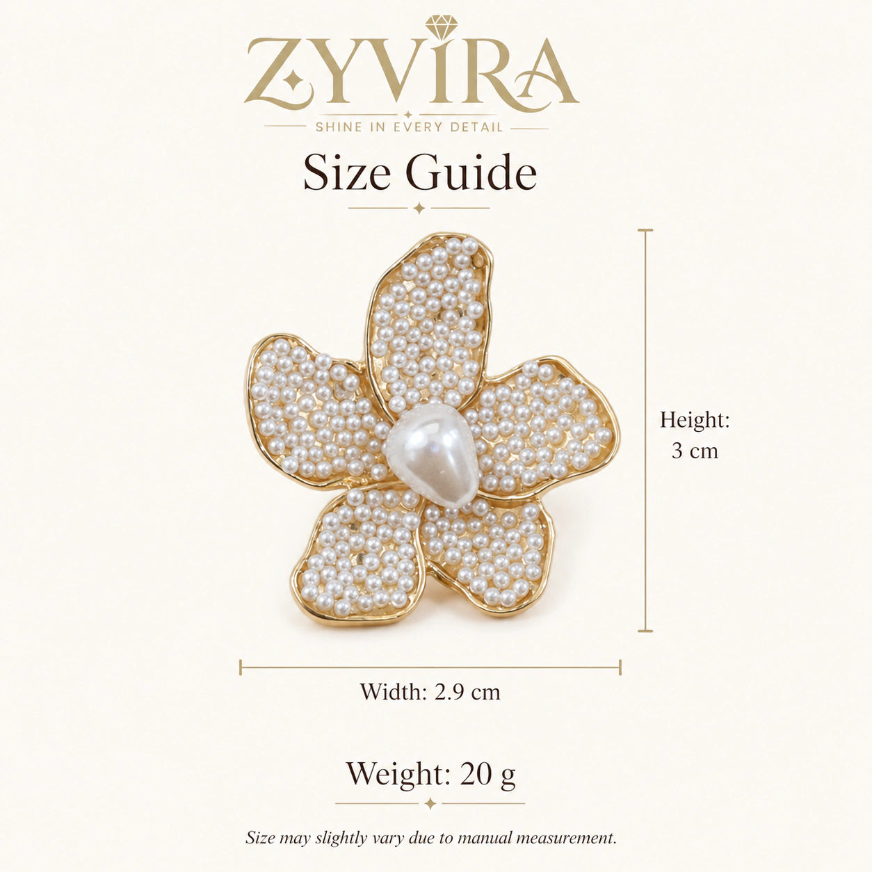 Size guide showing the proportions of pearl teardrop floral studs