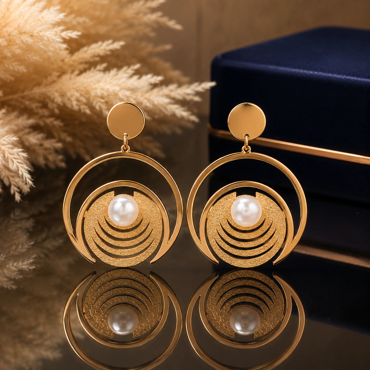 Gold pearl textured hoop earrings on a dark jewellery studio display