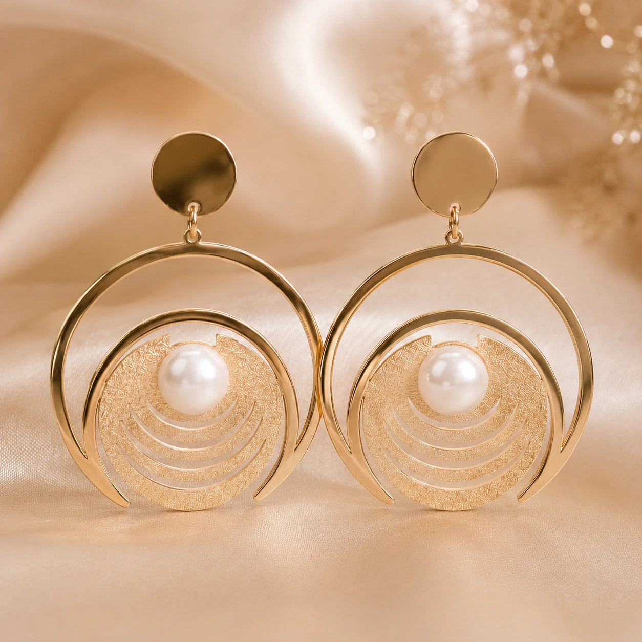 Gold pearl textured hoop earrings styled in an elegant jewellery flat lay