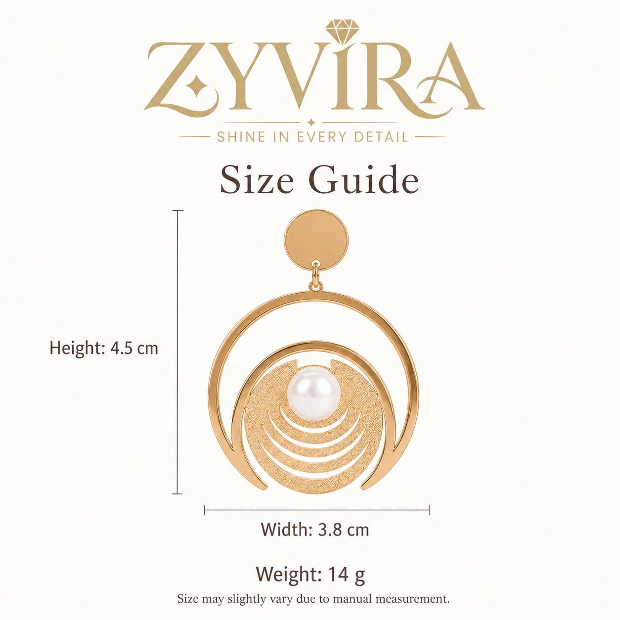 Size guide showing the proportions of gold pearl hoop earrings