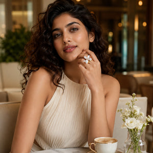 Angled view of the gold pearl-white botanical ring