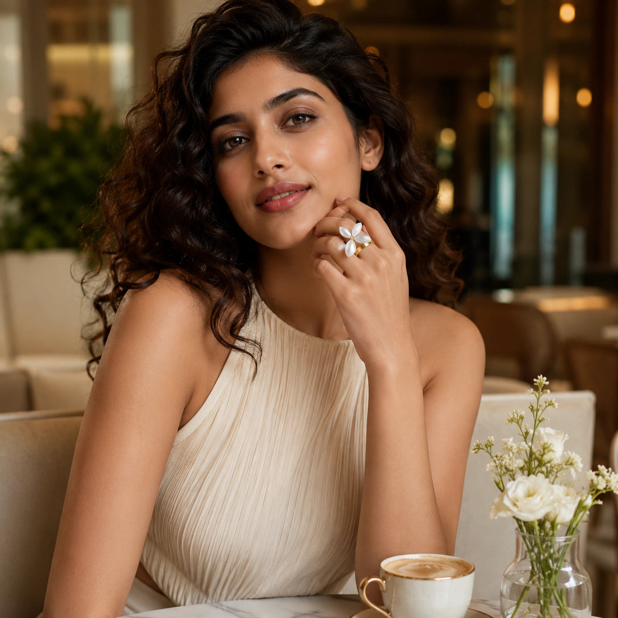 Angled view of the gold pearl-white botanical ring