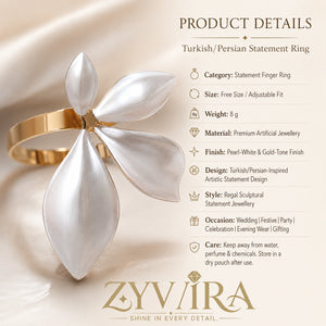 Gold pearl-white botanical ring styled in an elegant jewellery flat lay