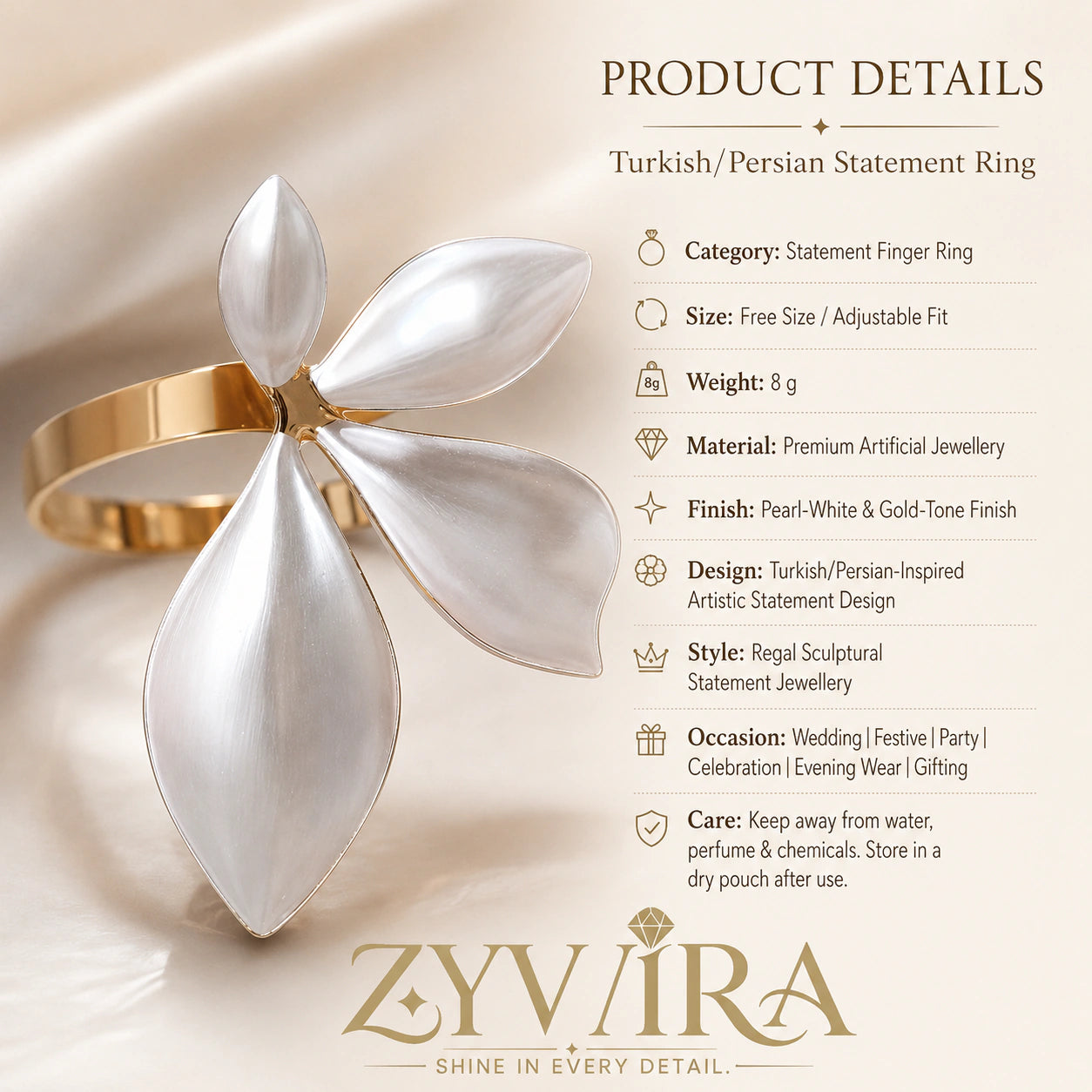 Gold pearl-white botanical ring styled in an elegant jewellery flat lay