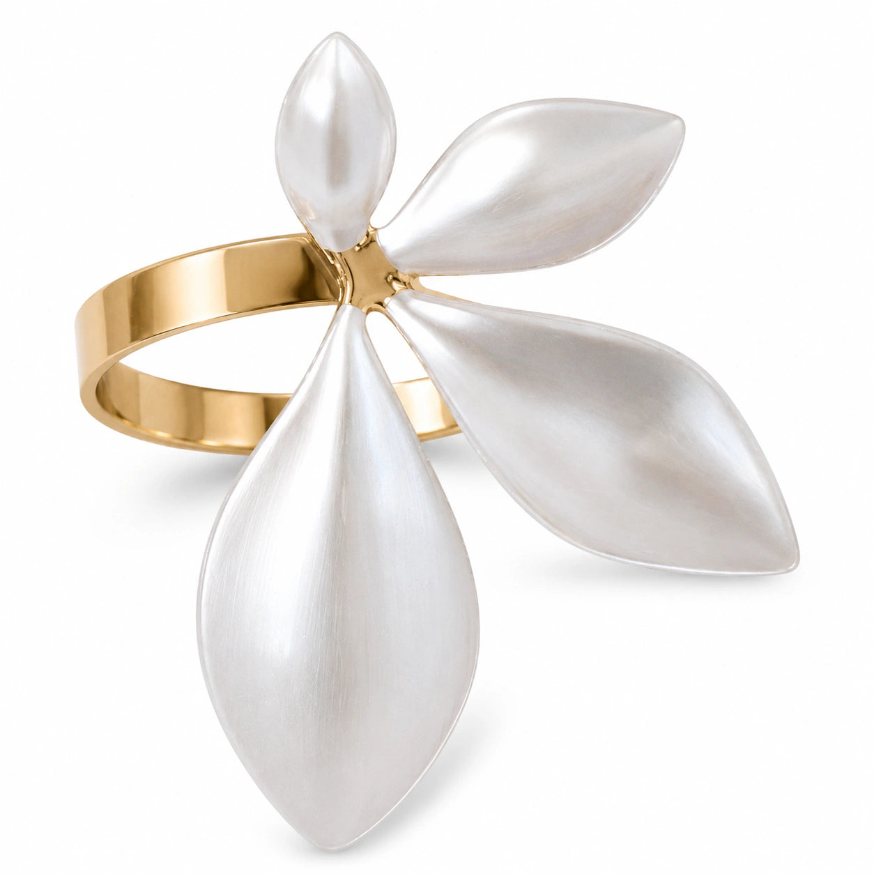 Gold-tone pearl-white four-petal botanical open ring