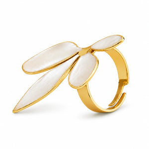 Side view of the gold pearl-white botanical ring
