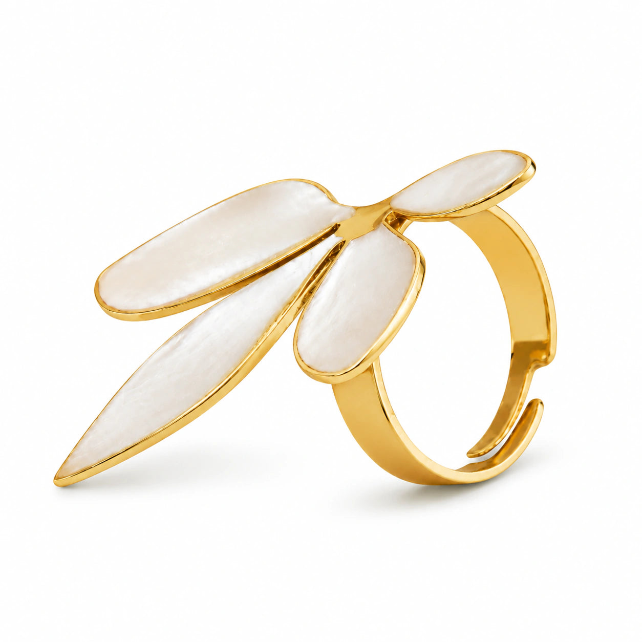 Side view of the gold pearl-white botanical ring