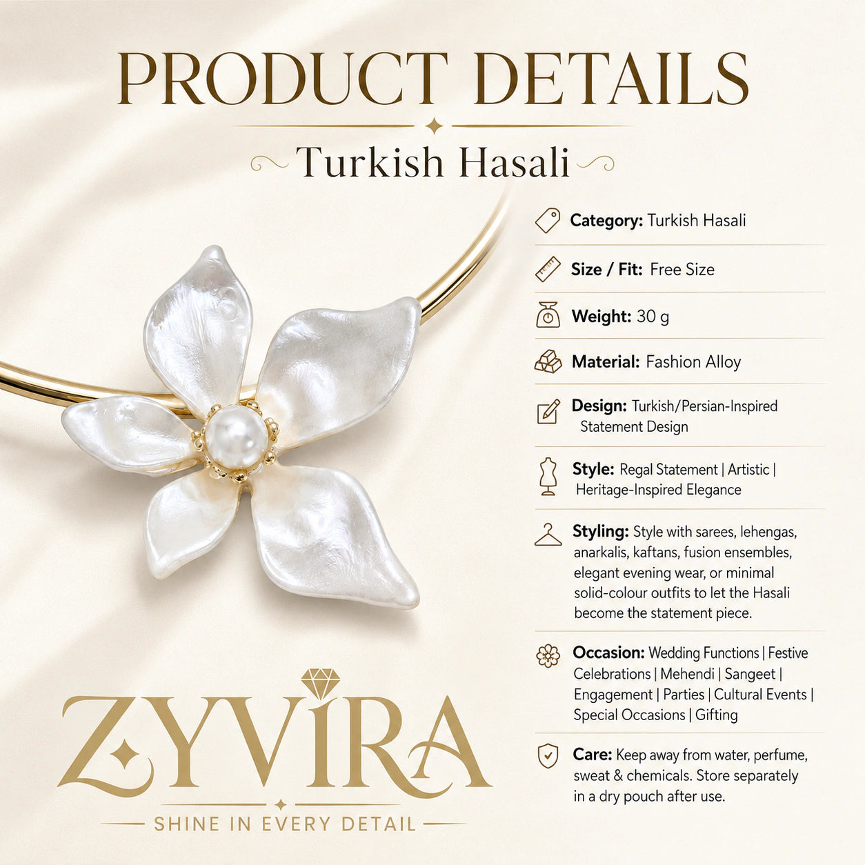 Open-collar view of the gold pearl-white floral Hasali