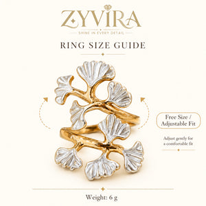 Open adjustable view of the gold ginkgo leaf ring