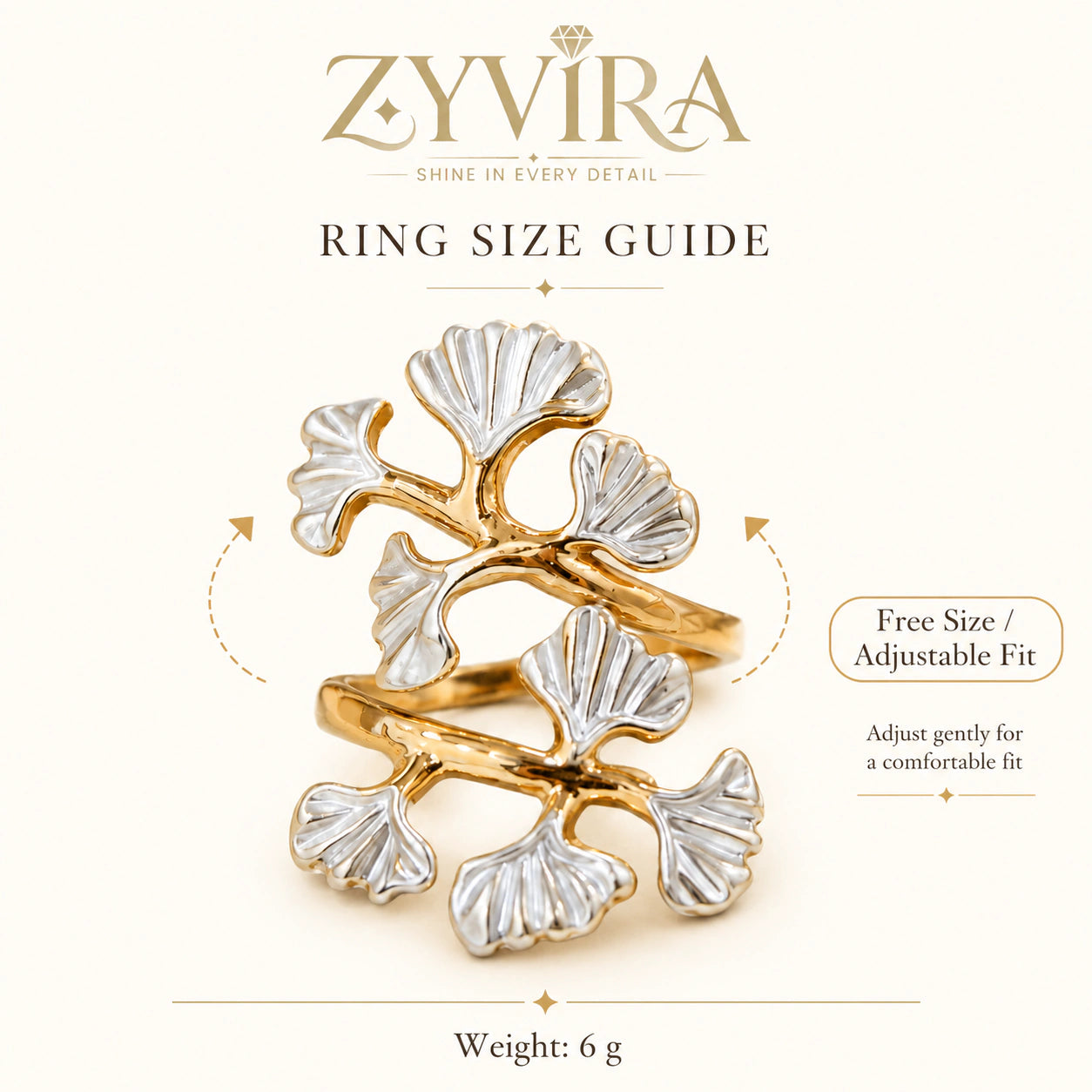 Open adjustable view of the gold ginkgo leaf ring