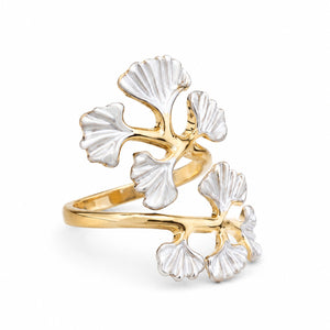 Gold-tone pearl-white ginkgo leaf wrap ring