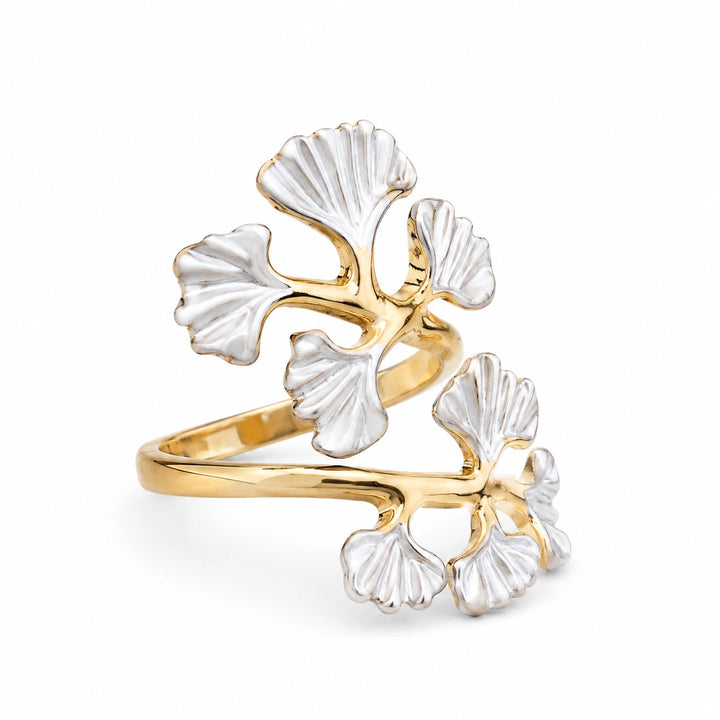 Gold-tone pearl-white ginkgo leaf wrap ring