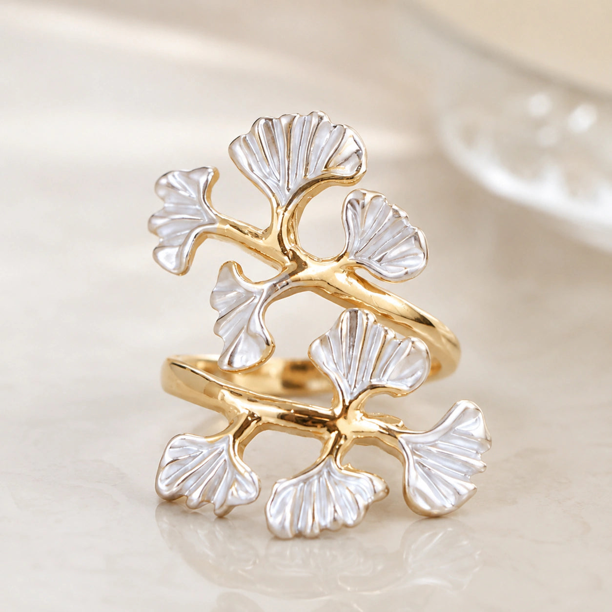 Top view of the gold ginkgo leaf wrap ring