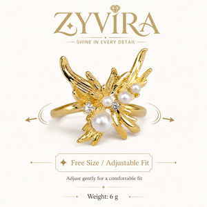 Open adjustable view of the gold pearl wing ring