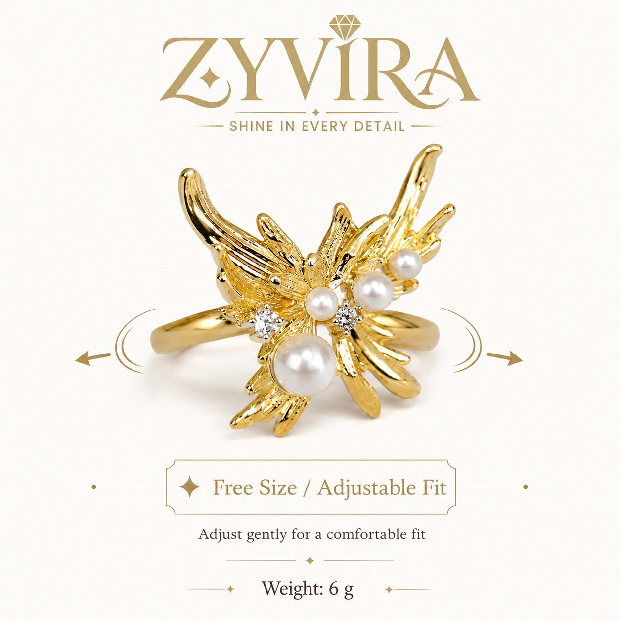 Open adjustable view of the gold pearl wing ring
