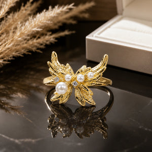 Gold-tone pearl wing open statement ring