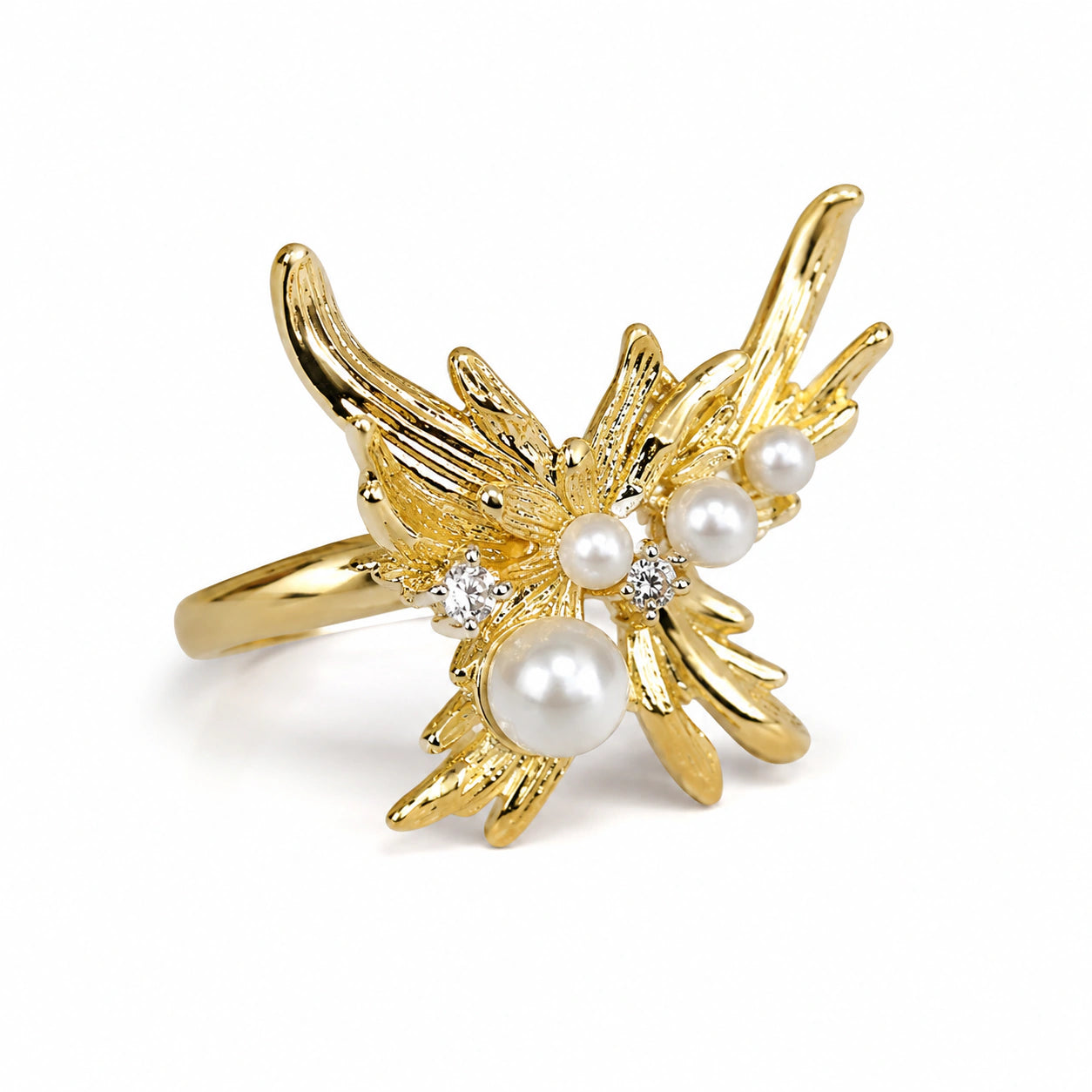 Side view of the gold pearl wing open ring