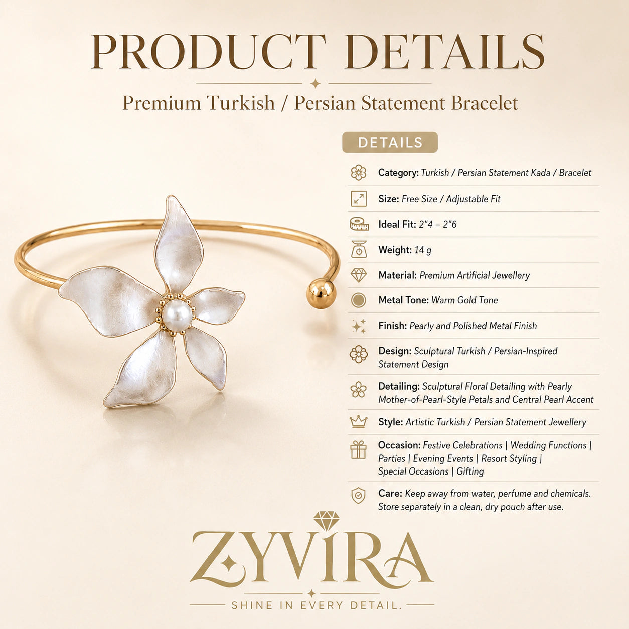 Alternate product view of the gold pearly five-petal kada