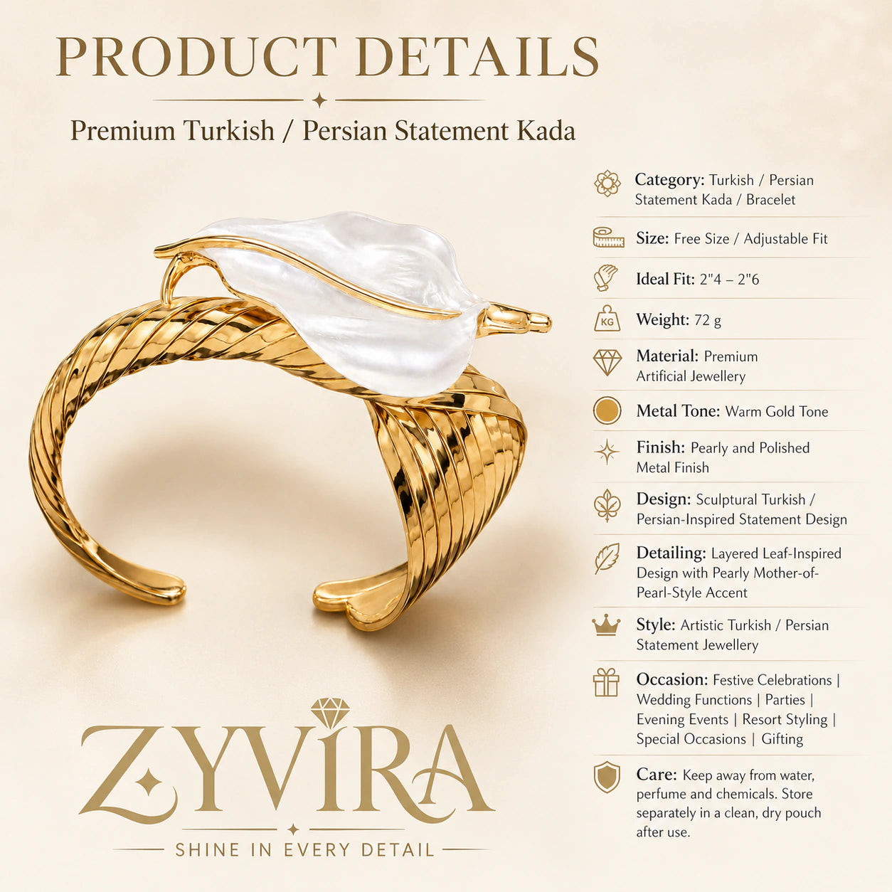 Alternate product view of the gold pearly sculptural leaf kada