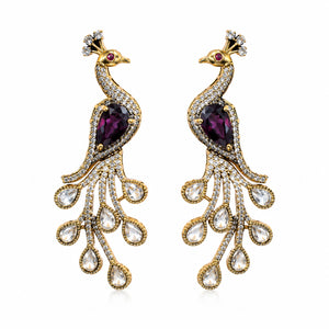 Alternate detail view of purple peacock chandelier earrings
