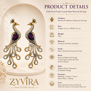 Close-up of purple crystal-style accents and peacock chandelier detailing