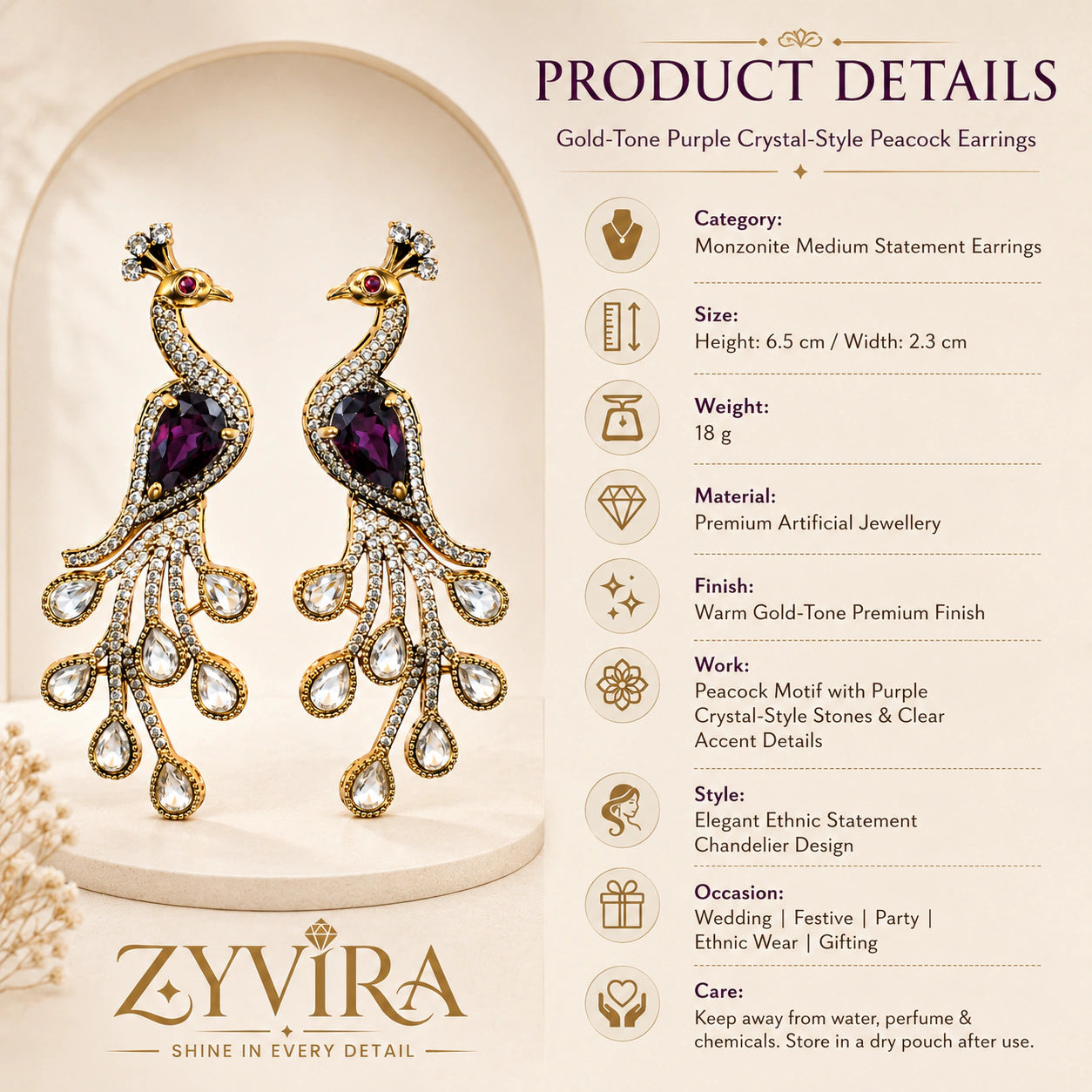 Close-up of purple crystal-style accents and peacock chandelier detailing