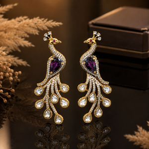Gold-tone purple crystal-style peacock chandelier earrings