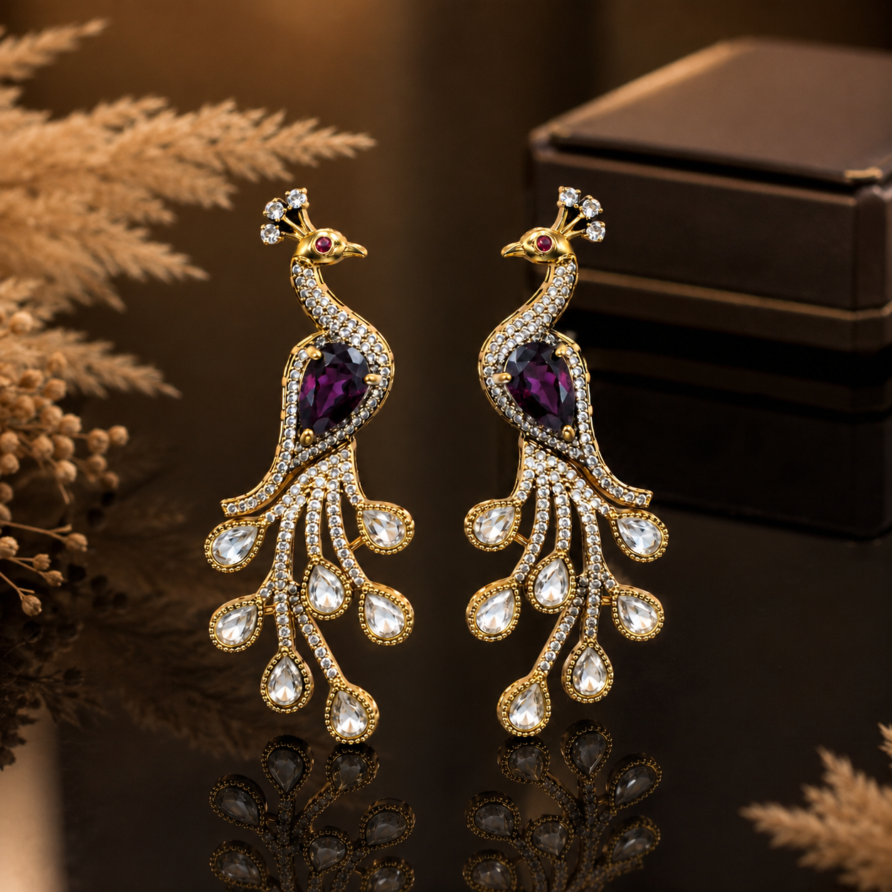 Gold-tone purple crystal-style peacock chandelier earrings