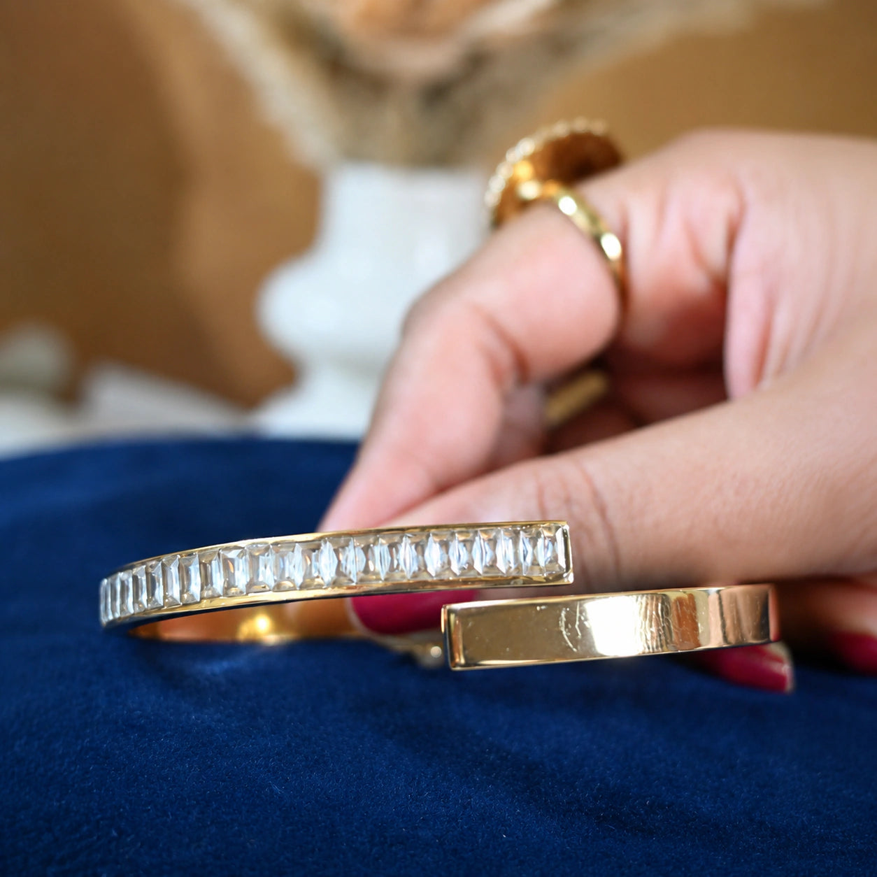 Alternate product view of the gold rectangular crystal cuff