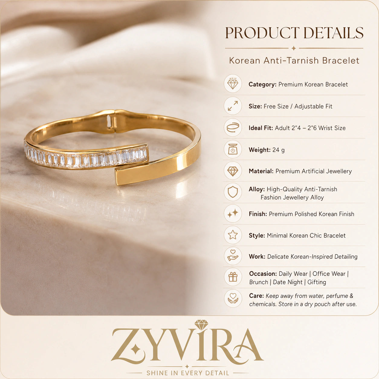 Gold rectangular crystal cuff styled in an elegant jewellery flat lay