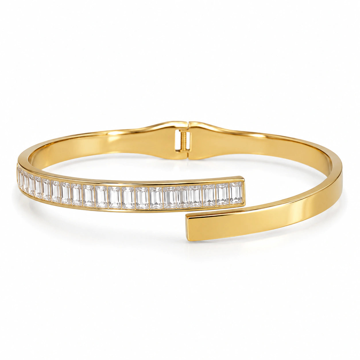 Close-up of rectangular crystals and open cuff detailing