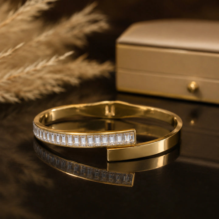 Gold-tone rectangular crystal open cuff bracelet