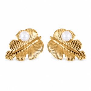 Gold ribbed leaf pearl-style stud earrings