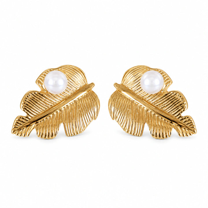 Gold ribbed leaf pearl-style stud earrings