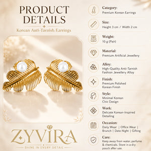 Product details card for gold ribbed leaf pearl studs
