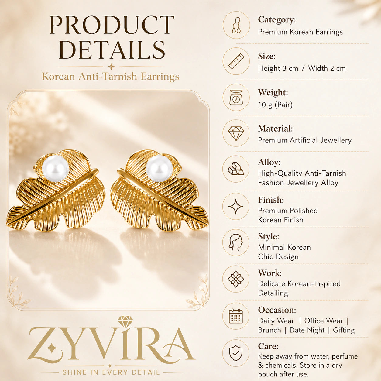 Product details card for gold ribbed leaf pearl studs