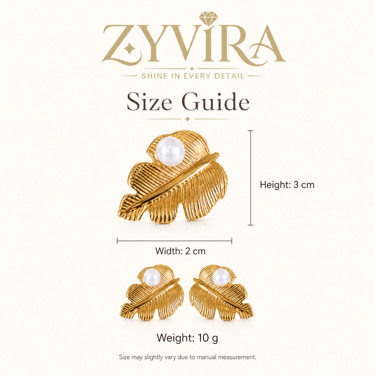 Size guide showing the proportions of ribbed leaf pearl studs