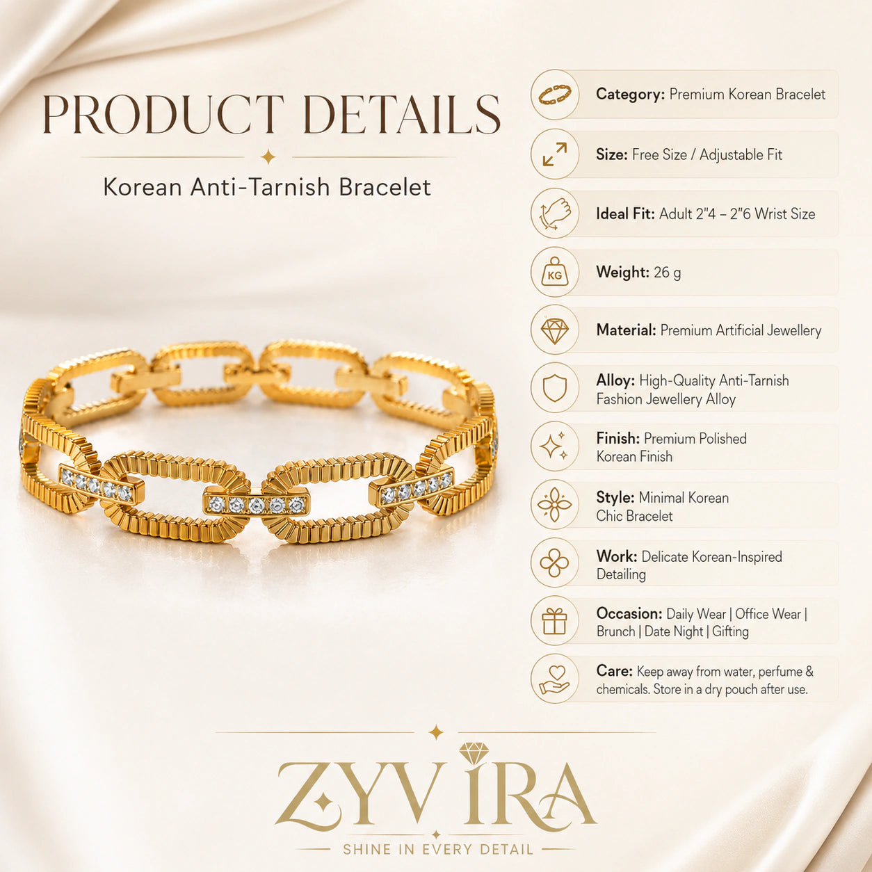 Gold ribbed oval-link bracelet styled in an elegant jewellery flat lay