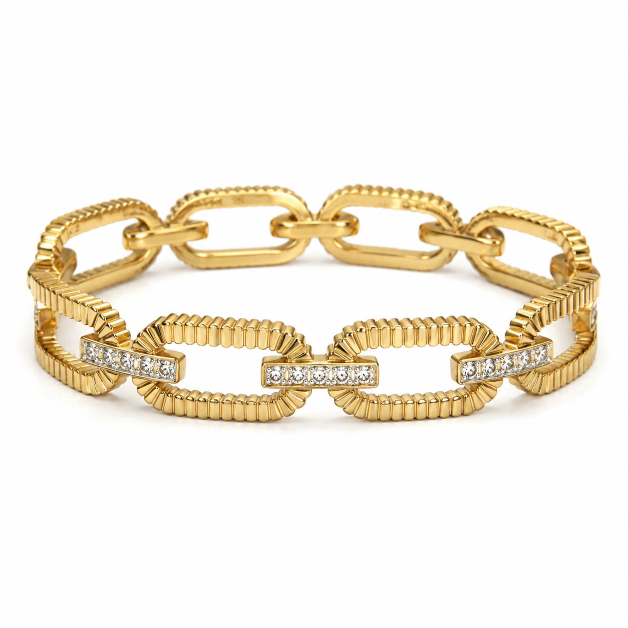 Gold-tone ribbed oval-link crystal-style bracelet