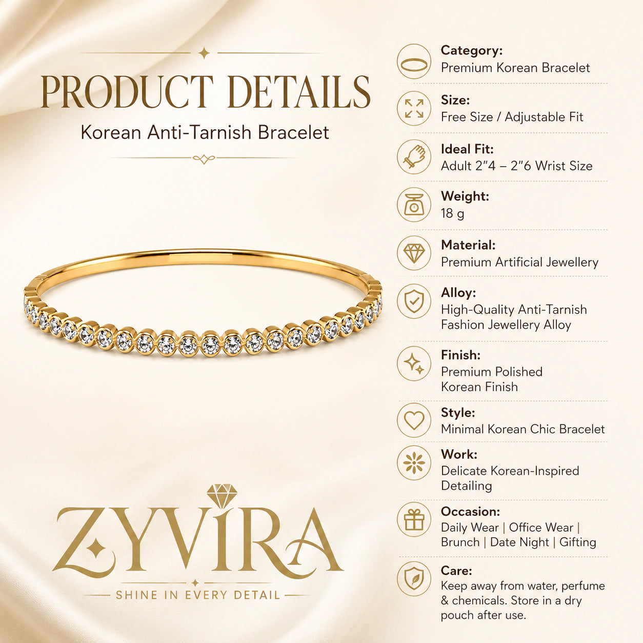 Gold round crystal tennis bangle styled in an elegant jewellery flat lay