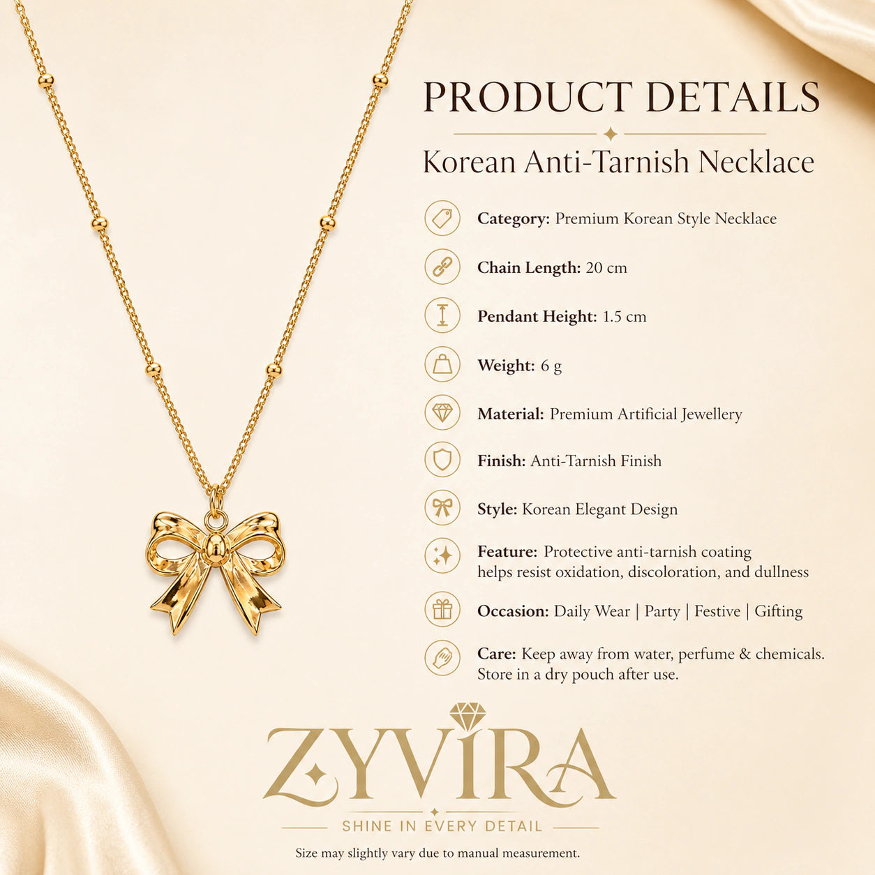Product details card for the gold sculpted bow charm necklace