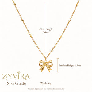 Size guide showing the proportions of the sculpted bow necklace