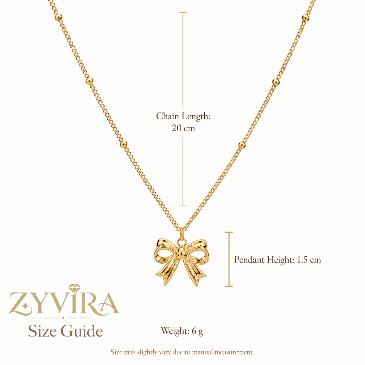Size guide showing the proportions of the sculpted bow necklace