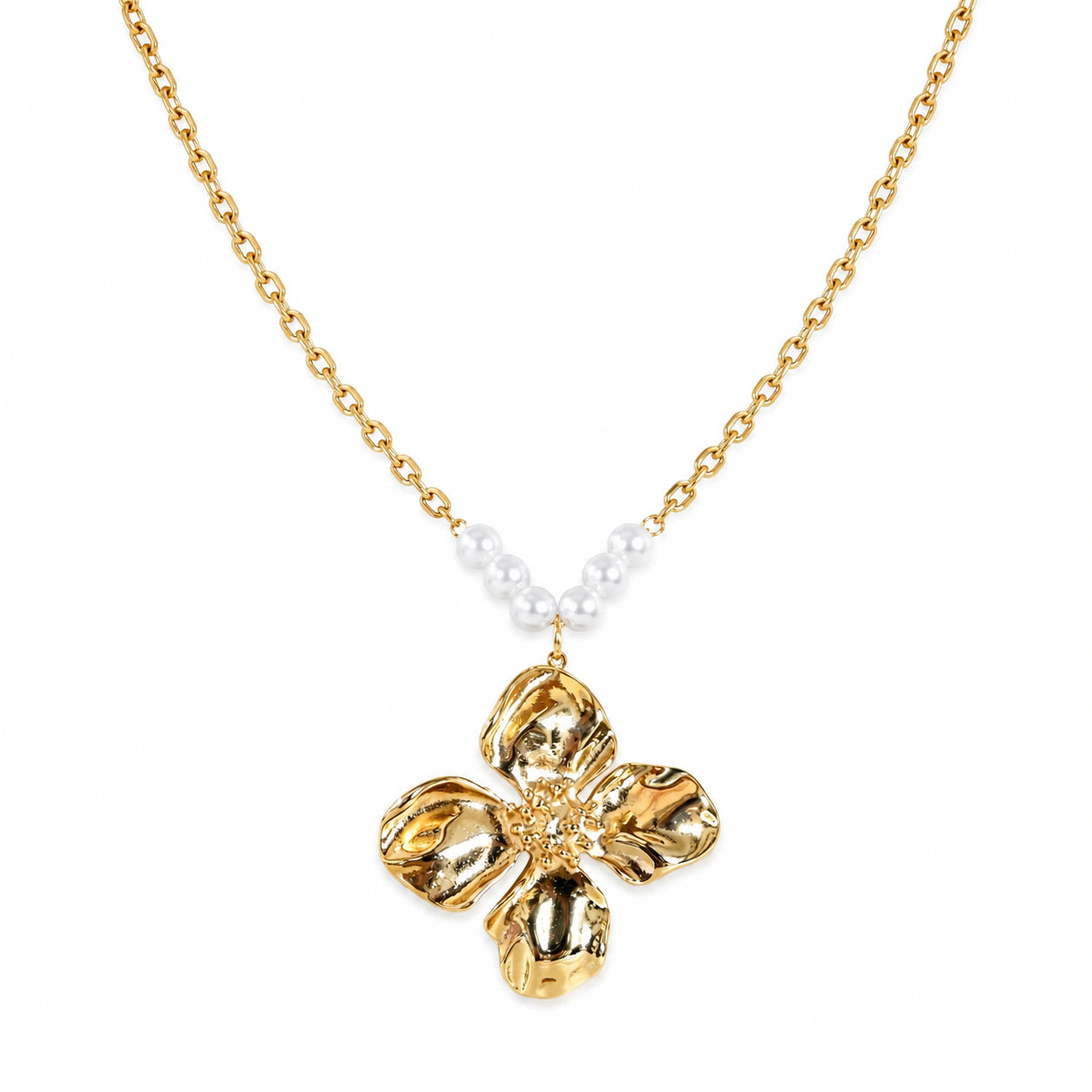 Alternate product view of the gold sculpted floral necklace