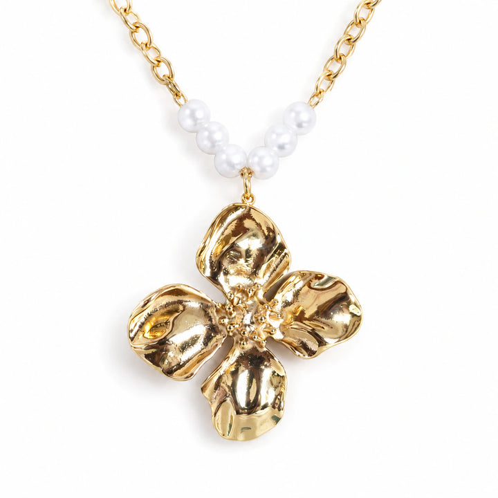 Gold-tone sculpted floral pearl-style pendant necklace