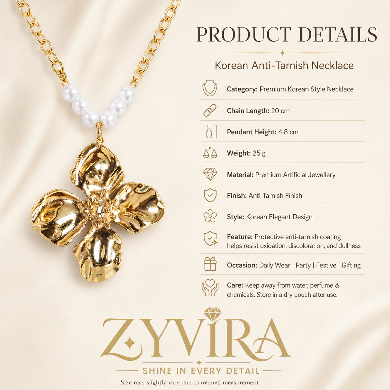 Product details card for the gold sculpted floral pearl necklace