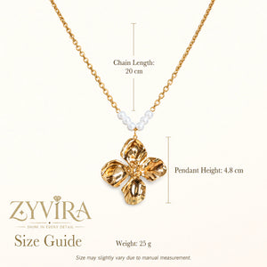 Size guide showing the proportions of the sculpted floral necklace