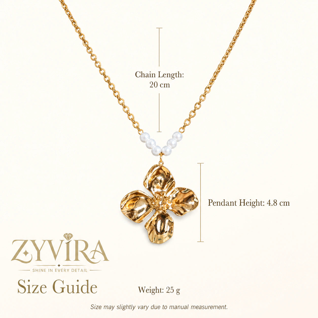 Size guide showing the proportions of the sculpted floral necklace